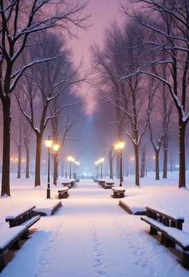 Snowy winter evening with street lamps and benches