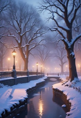 Winter evening scene in a snowy park with glowing lampposts