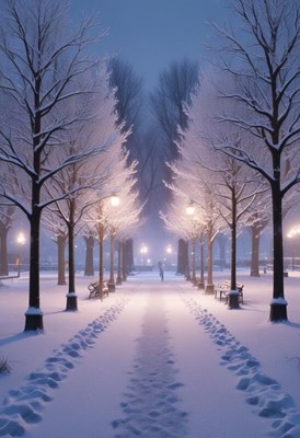 Snowy evening walk in a tranquil winter park