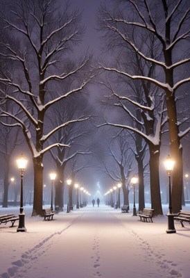 Snowy evening stroll in a quiet park with streetlights