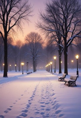 Snowy park path illuminated by street lights at dusk