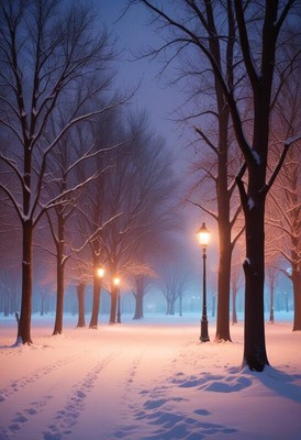 Snowy park pathway with streetlights at dusk