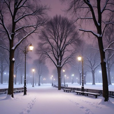 Winter night walk through a snowy park with glowing lights