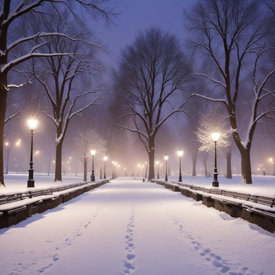 Snowy park path illuminated by street lamps at night