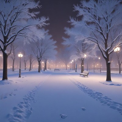 Winter night scene in a snowy park with street lamps