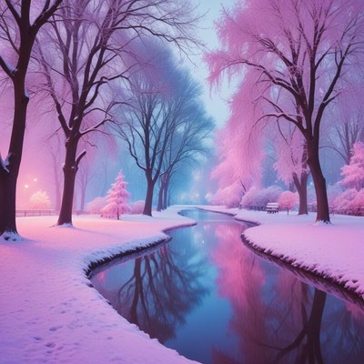 Winter morning with frozen river and pink trees