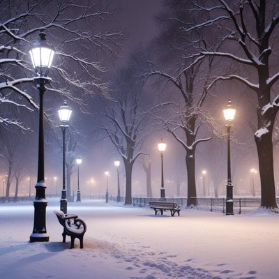 Quiet winter night in a snowy park with lampposts