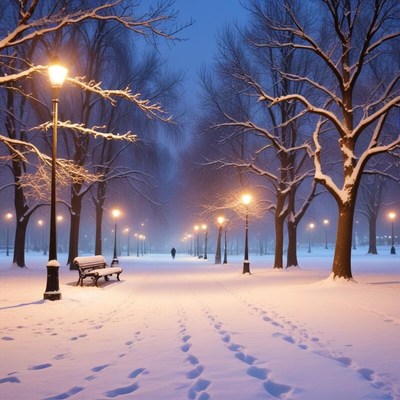 Snow-covered park path under streetlights at twilight