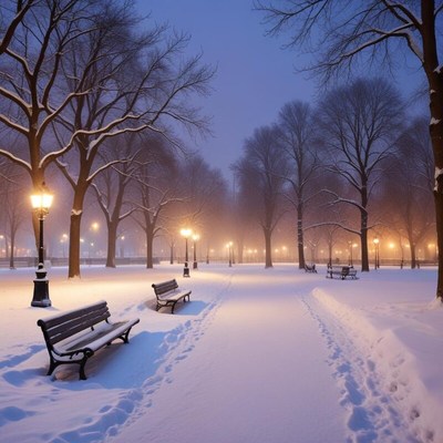 Winter evening stroll through a snowy park