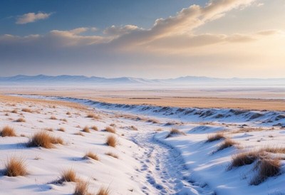 Scenic winter landscape with snow and grass