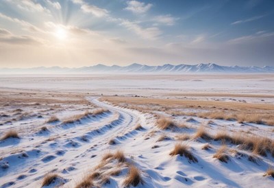 Snowy landscape with hills under a bright sky
