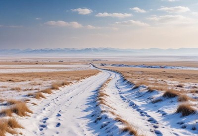 Snowy pathway through winter landscape with mountains