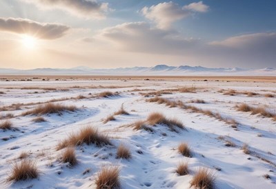 Snowy landscape at sunset in a vast open field