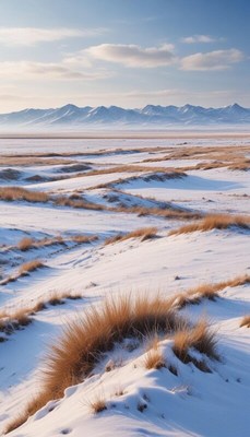 Winter landscape with snow and mountains in the distance
