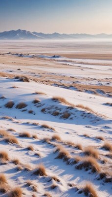 Snowy landscape with grass dunes in the early morning
