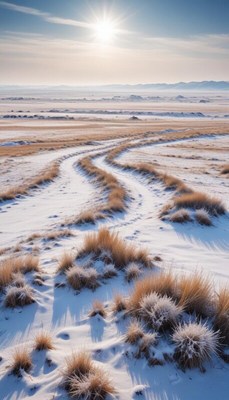 Snowy landscape with winding trails in the afternoon sun