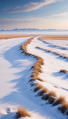 Snowy landscape with grass and distant mountains
