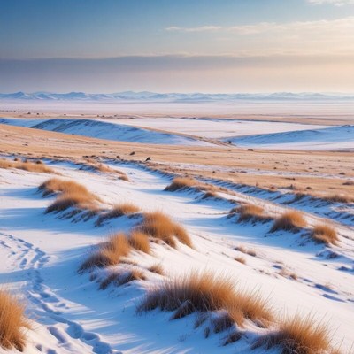 Expansive winter landscape with gentle hills and grass