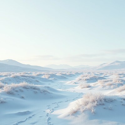 Snow-covered landscape with footprints in tranquil scenery