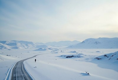 Winter landscape shows a lonely traveler on a snowy road