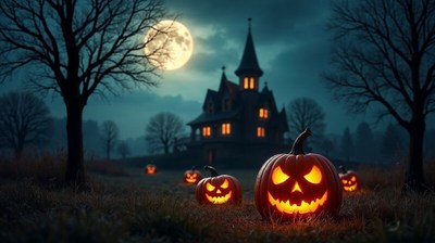 Spooky halloween night with glowing pumpkins