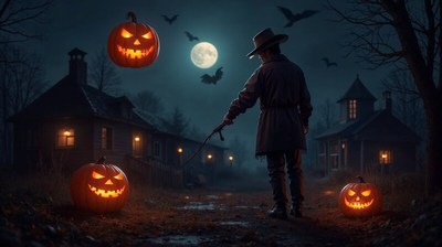 Spooky night with glowing pumpkins and bats in the sky