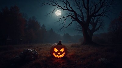 Spooky pumpkin glowing under a full moon at night