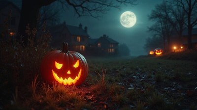 Spooky pumpkin glowing under a full moon at night