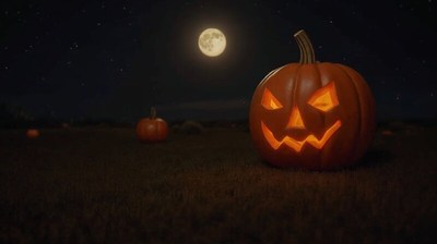 Jack-o'-lanterns glow under the full moon at night