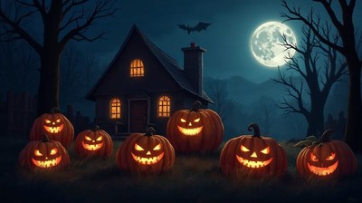 Spooky halloween night scene with glowing pumpkins