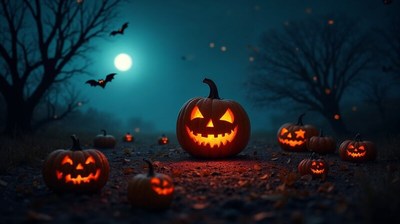 Halloween night scene with glowing pumpkins and bats
