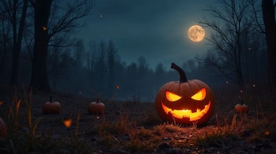 Halloween night with glowing pumpkin in the dark forest