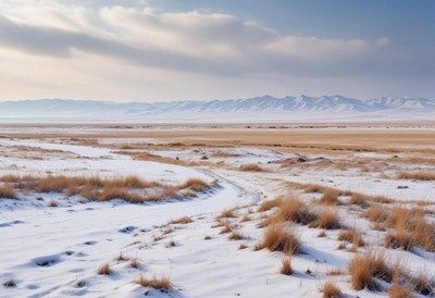 Snowy landscape with gentle hills and clear sky