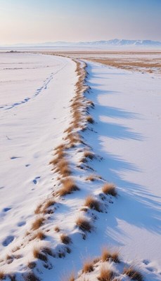 Snowy landscape with grass patches in the sunlight