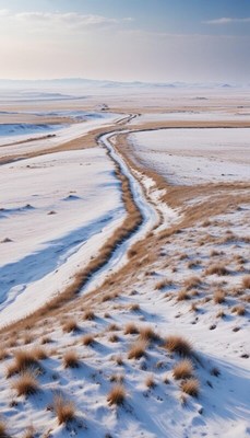 Snowy landscape with winding path and grassy patches