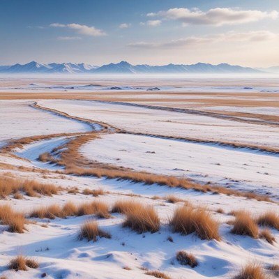 Snowy landscape with mountains in the distance at sunset
