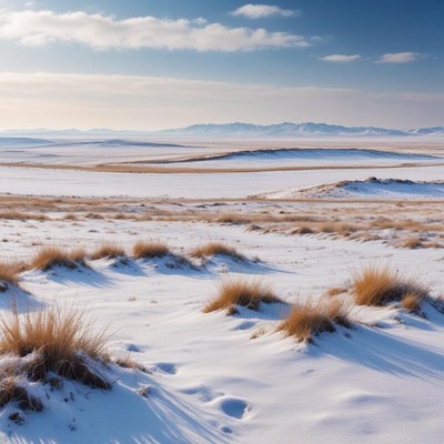 Snow-covered plains with distant mountains in winter light