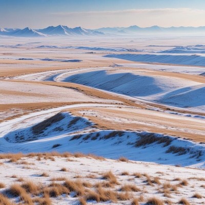 Snow-covered hills and open plains under a blue sky