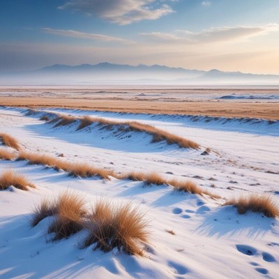 Snow-covered landscape at dawn with distant mountains
