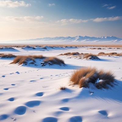 Snowy landscape with mountains in the distance at sunset