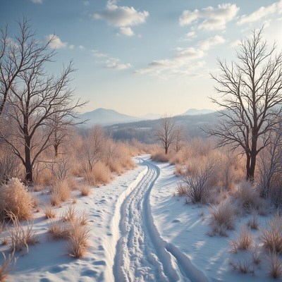 Winter path through tranquil snowy landscape with trees