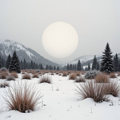 Snowy landscape with large sun hovering over mountains