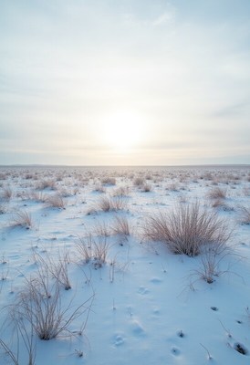 Sunrise over a snowy plain with sparse grass