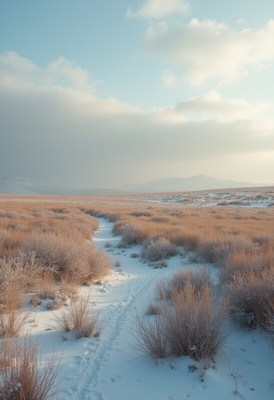 Scenic winter landscape with a snowy path through grass