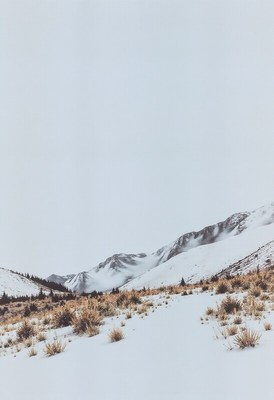 Snow-covered mountains under a gray sky in winter