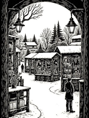 Winter market scene with snow and wooden stalls
