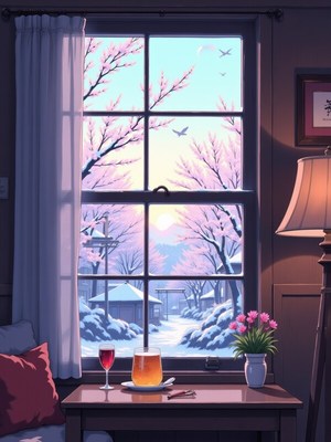 Cozy winter scene with sunset view and warm drinks
