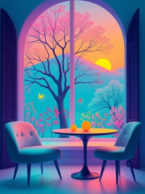 Sunset view from a cozy indoor setting with a table