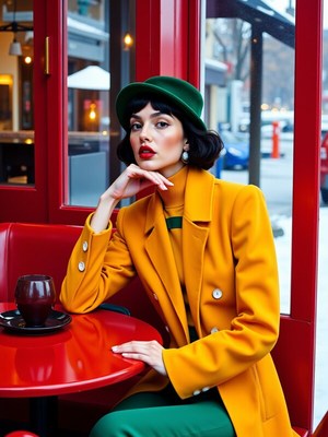 Stylish woman enjoys coffee at a vibrant cafe in winter