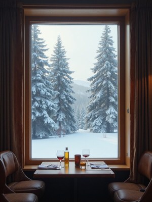 Cozy dining setup overlooking snowy pine trees